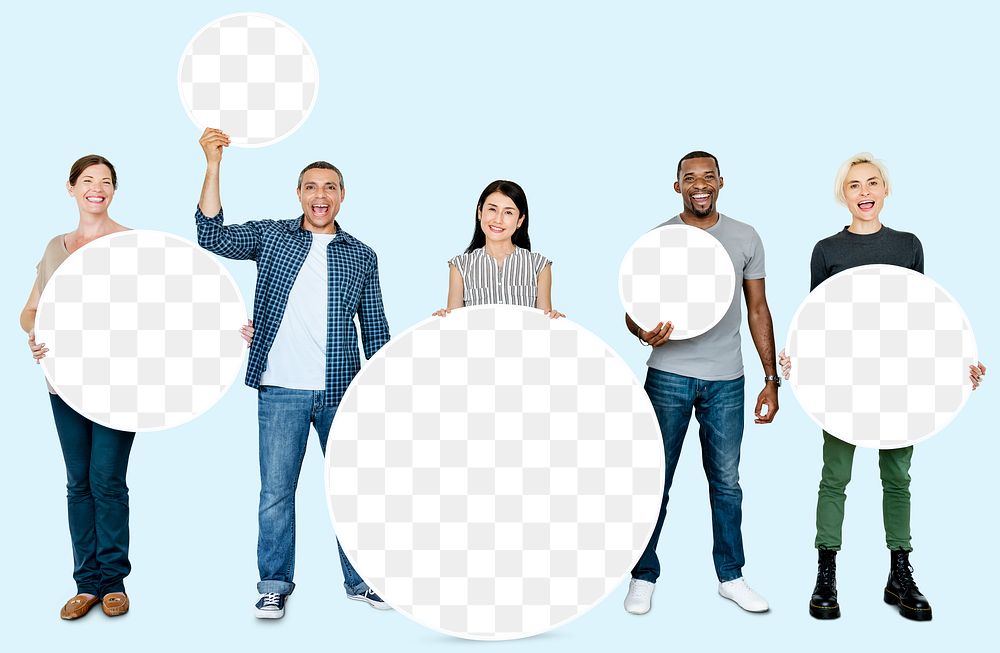 Round boards png mockup, transparent design, with diverse people