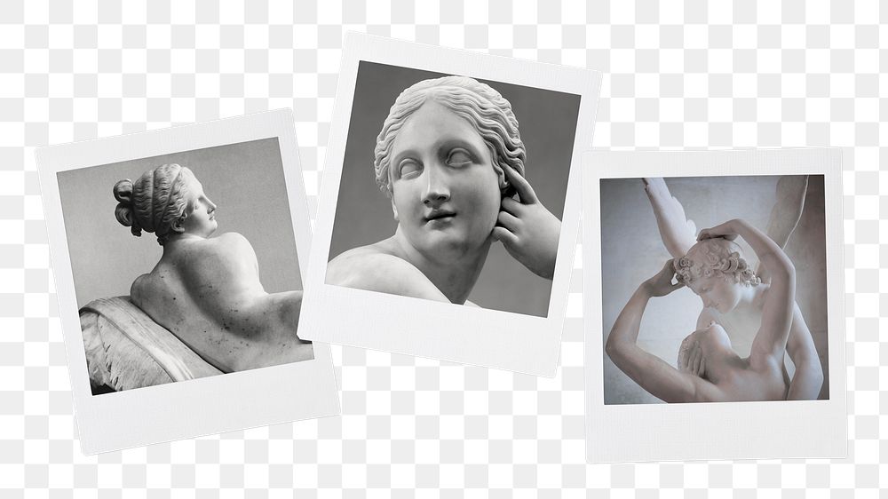 Greek statues png sticker, instant photos, aesthetic mood board on transparent background