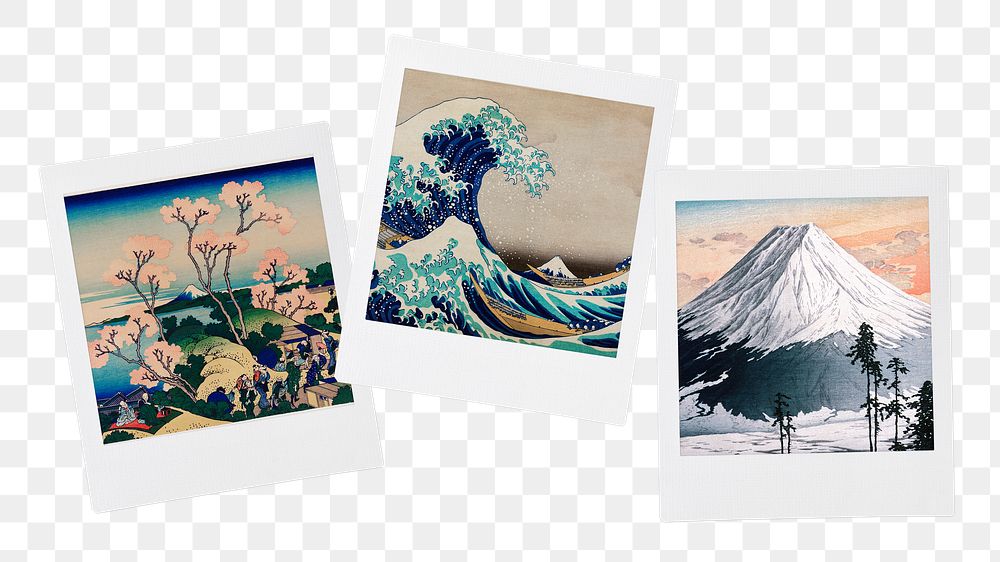 Png famous Japanese traditional paintings on instant photos, transparent background, remixed by rawpixel