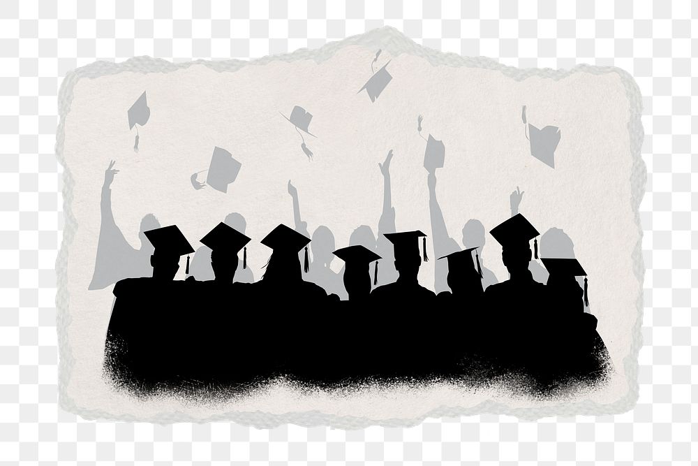 PNG education sticker, graduation students silhouette, transparent background