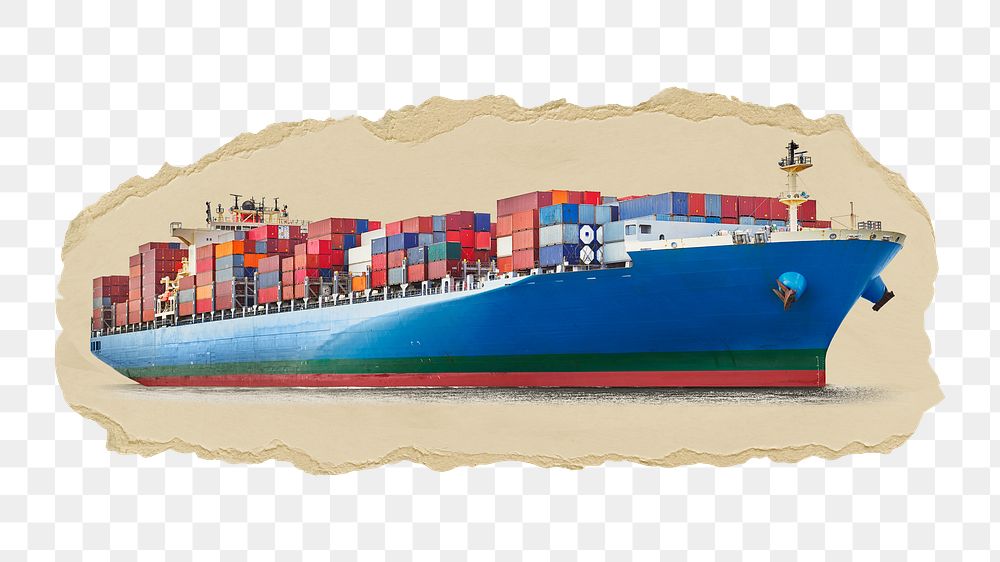 Container ship png sticker, ripped paper, transparent background