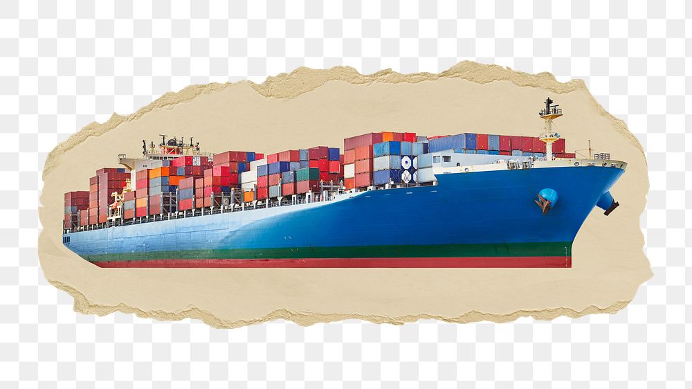 Container ship png sticker, ripped paper, transparent background