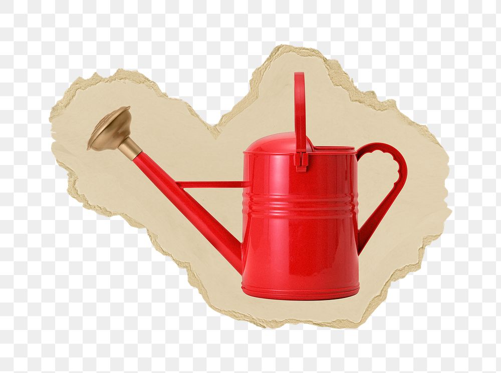 Watering can png sticker, ripped paper, transparent background