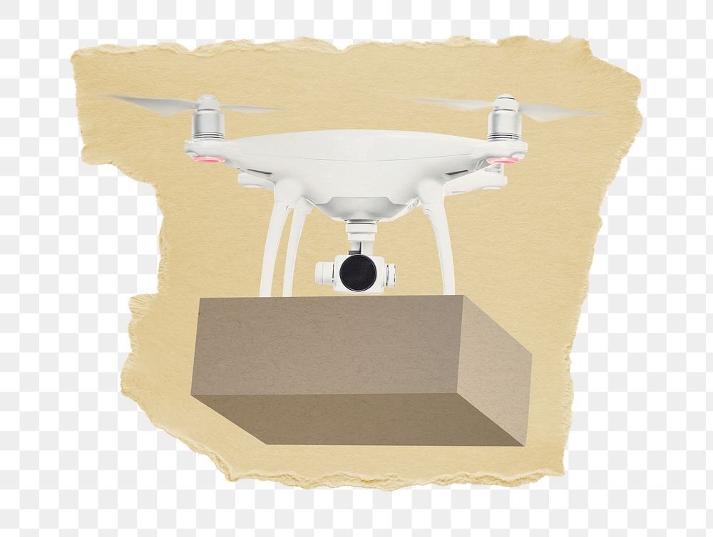 Delivery drone png sticker, ripped paper, transparent background