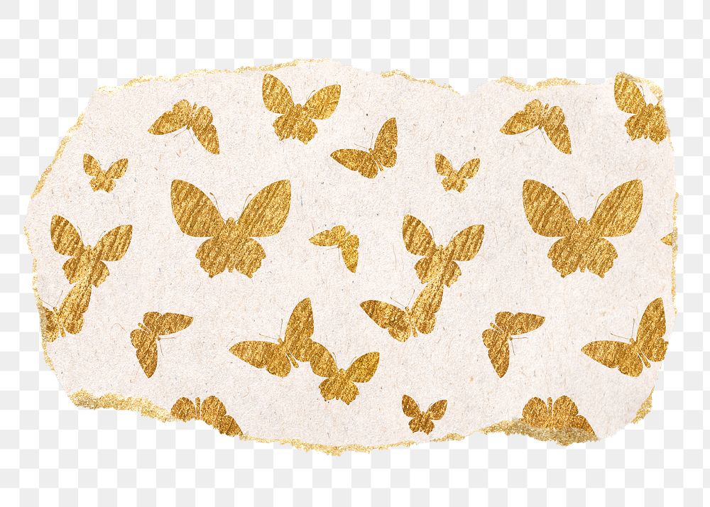 Gold butterfly png pattern sticker, ripped paper transparent background