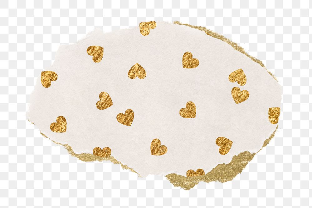 Gold heart png pattern sticker, ripped paper transparent background