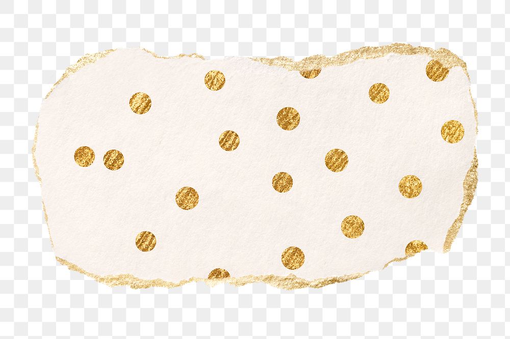 Gold polka dot png pattern sticker, ripped paper, transparent background