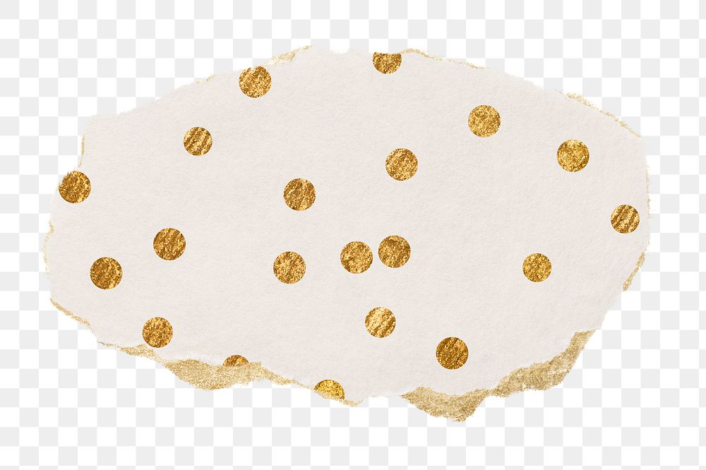 Gold polka dot png pattern sticker, ripped paper, transparent background