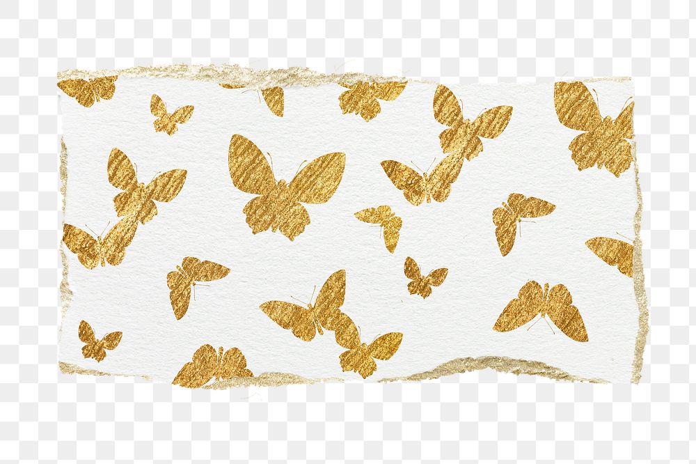 Gold butterfly png pattern sticker, ripped paper transparent background