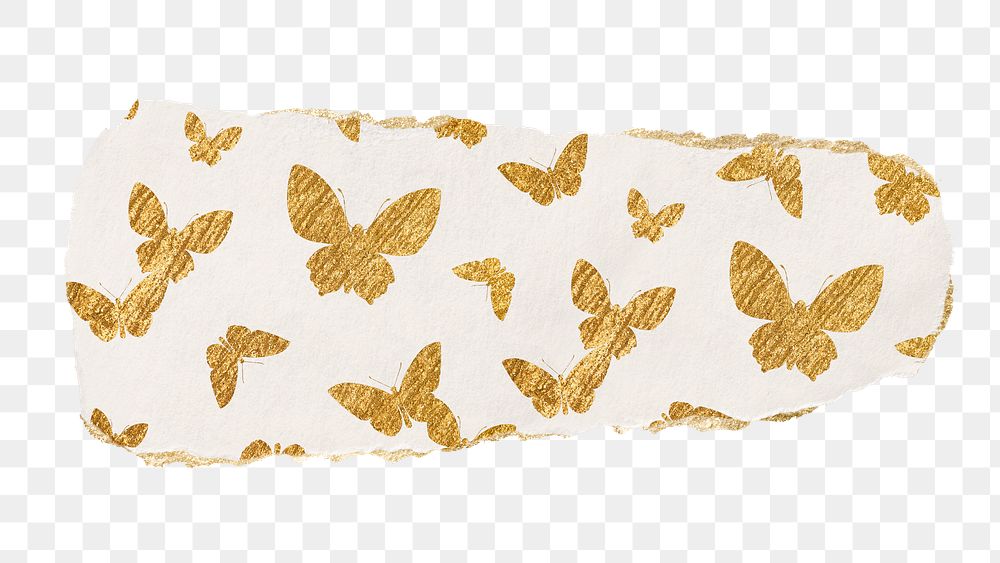 Gold butterfly png pattern sticker, ripped paper transparent background