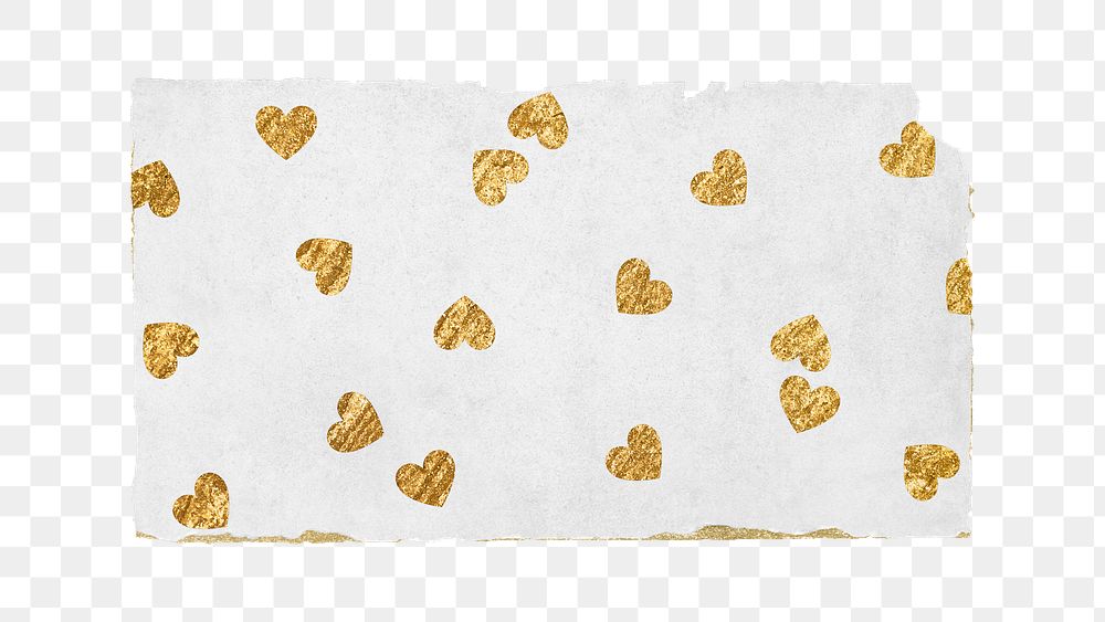 Gold heart png pattern sticker, ripped paper transparent background