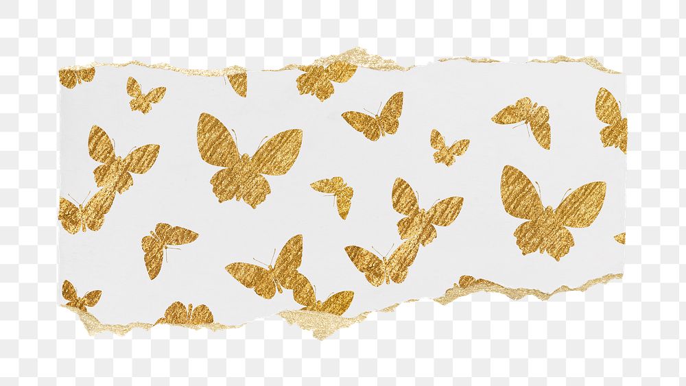 Gold butterfly png pattern sticker, torn paper transparent background