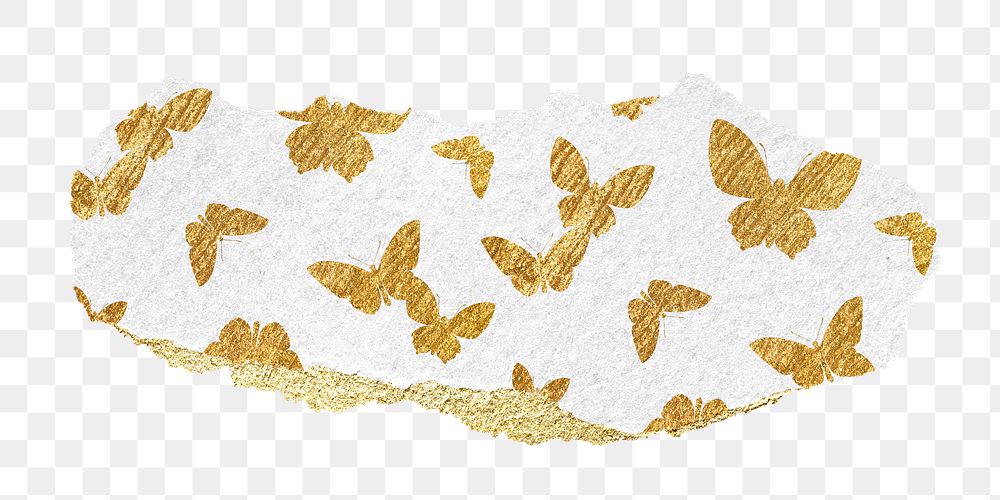 Gold butterfly png pattern sticker, torn paper transparent background