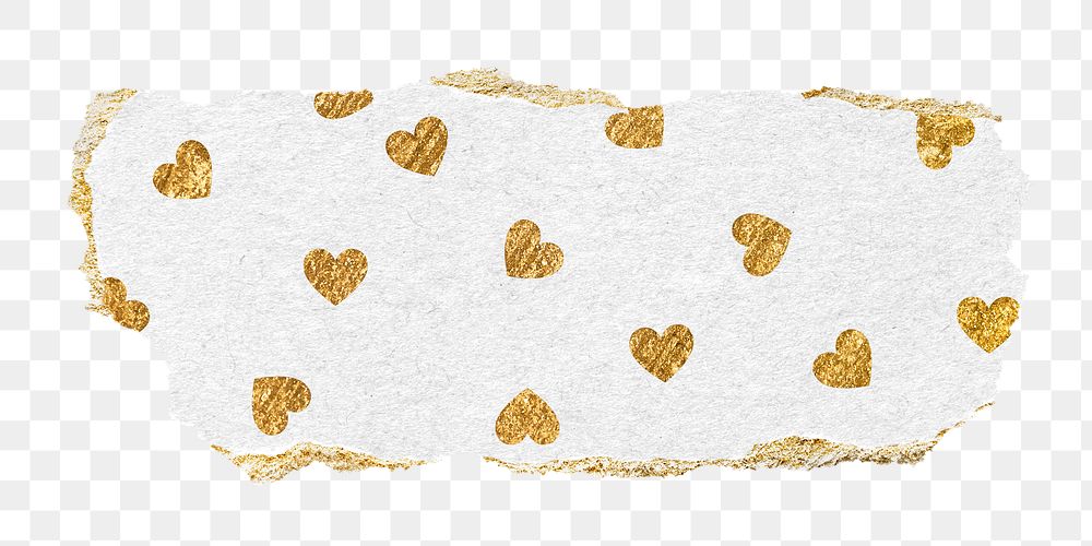 Gold heart png pattern sticker, ripped paper transparent background