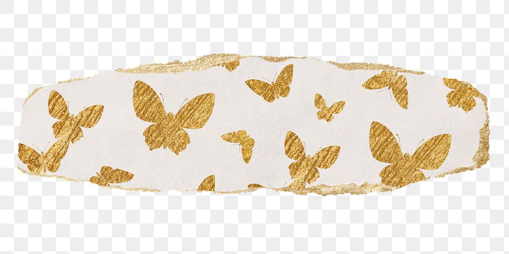 Gold butterfly png pattern sticker, ripped paper transparent background