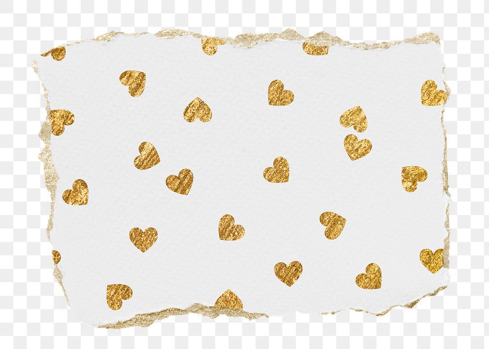 Gold heart png pattern sticker, ripped paper transparent background