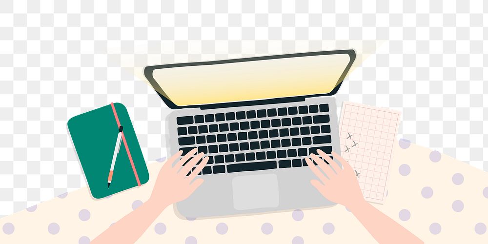 Cute business png border, hands typing on laptop, transparent background