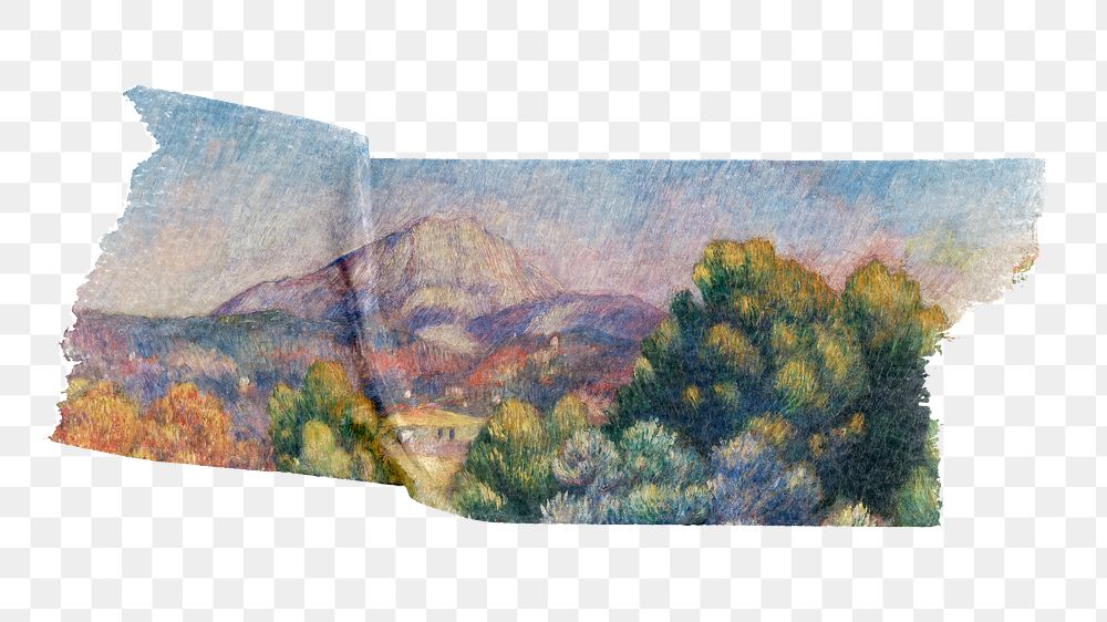 Landscape painting washi tape, Auguste Renoir png collage element, transparent background