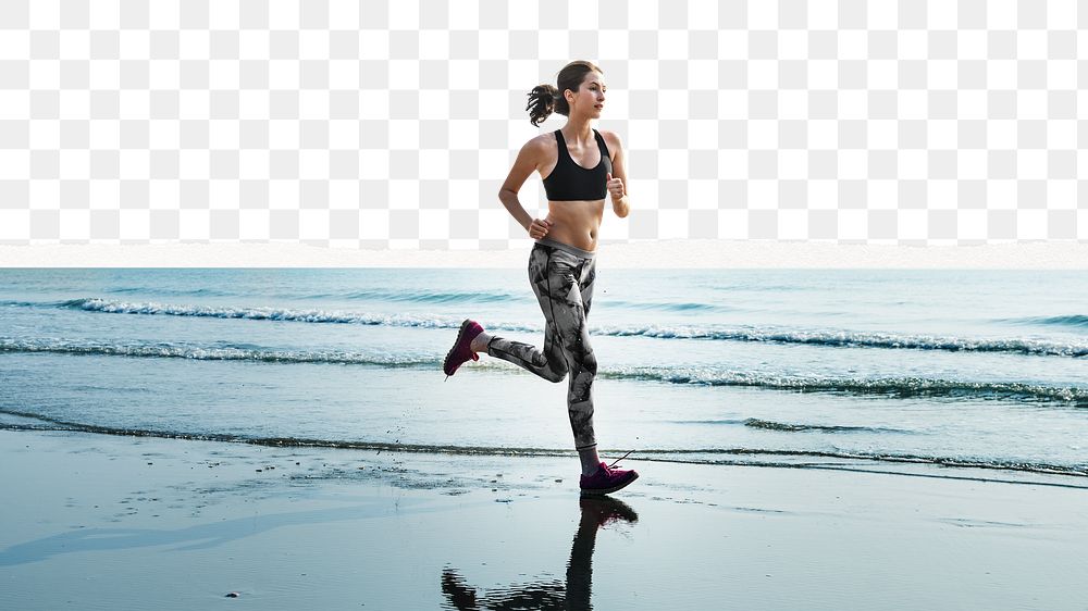 Jogging woman png by the beach border, transparent background