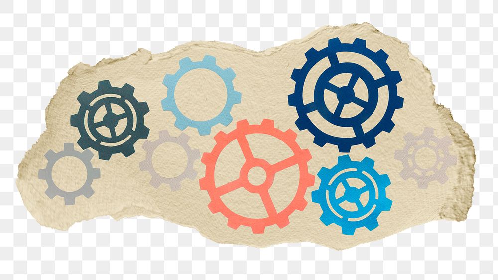 Cog, gear png sticker, ripped paper, transparent background