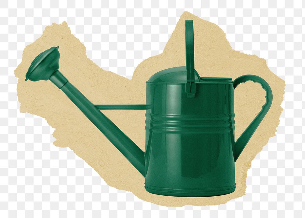 Watering can png sticker, ripped paper, transparent background