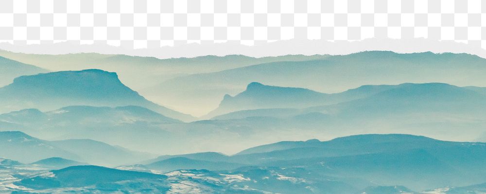 Abstract blue mountains png border, torn paper design, transparent background