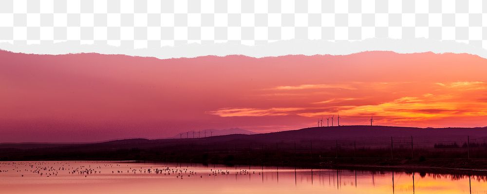 Pink sunset view png border, torn paper design, transparent background