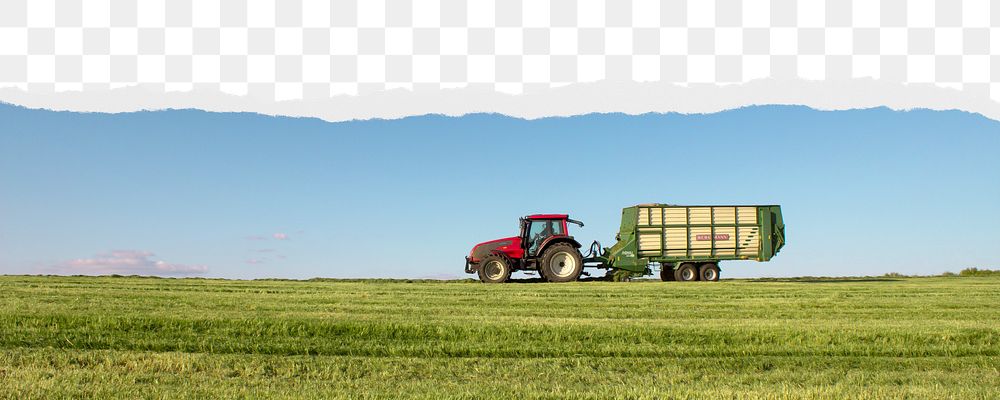 Tractor in field png border, torn paper design, transparent background