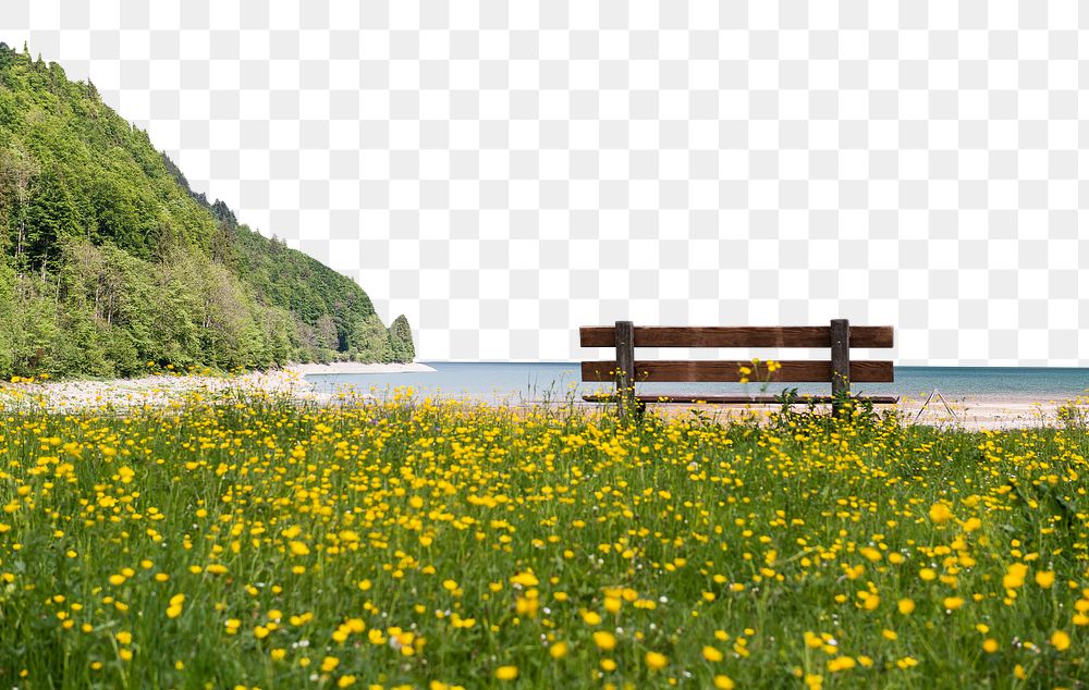 Scenic park bench png border, transparent background