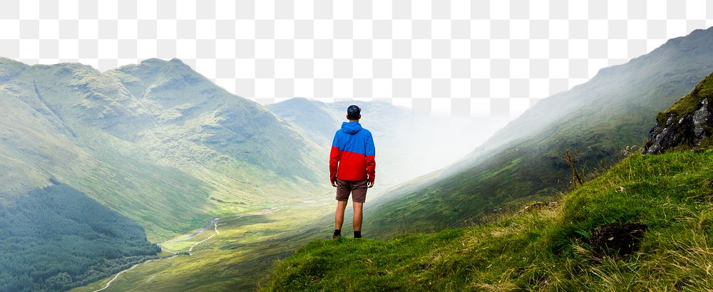 Man standing png mountain border, nature image, transparent background