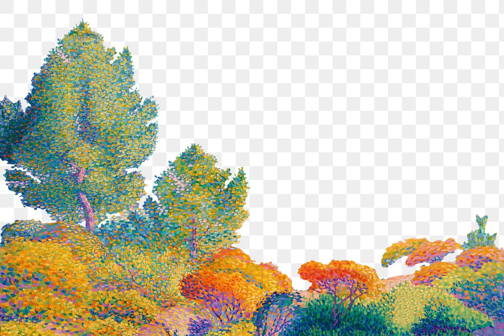 Colorful forest png border, Henri-Edmond Cross's painting, transparent background, digitally enhanced by rawpixel.