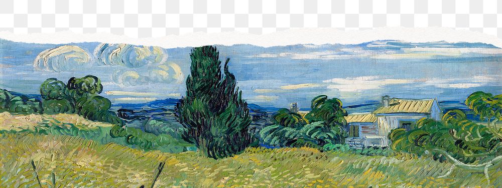 Van Gogh png scenery torn paper collage, Green Wheat Field with Cypress, transparent background, remixed by rawpixel.