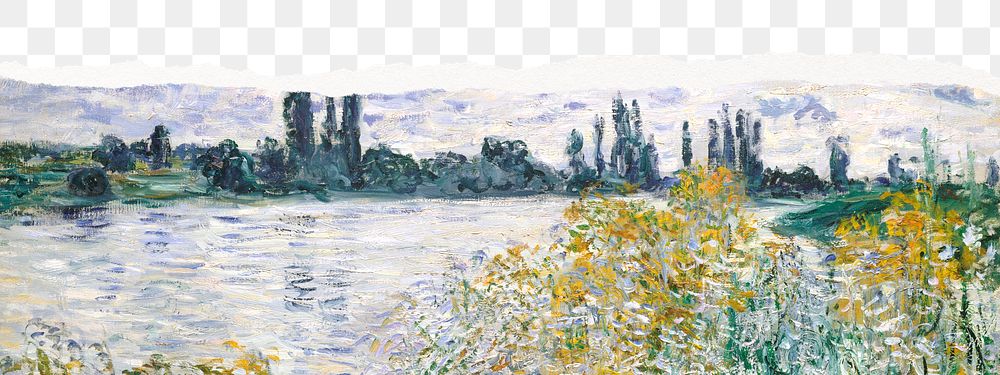 Monet landscape png border ripped paper, &Icirc;le aux Fleurs near Vétheuil, transparent background, remixed by rawpixel.