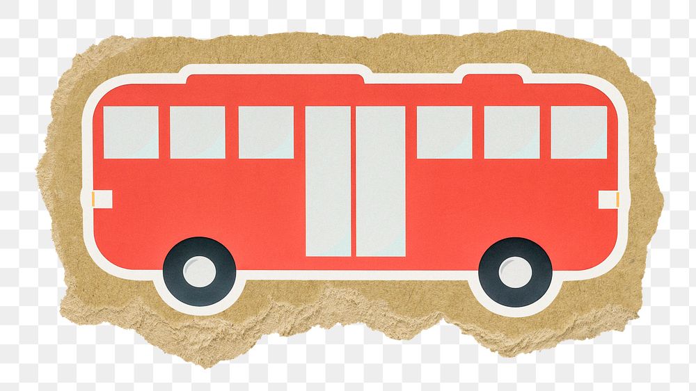 Red bus png sticker, ripped paper, transparent background