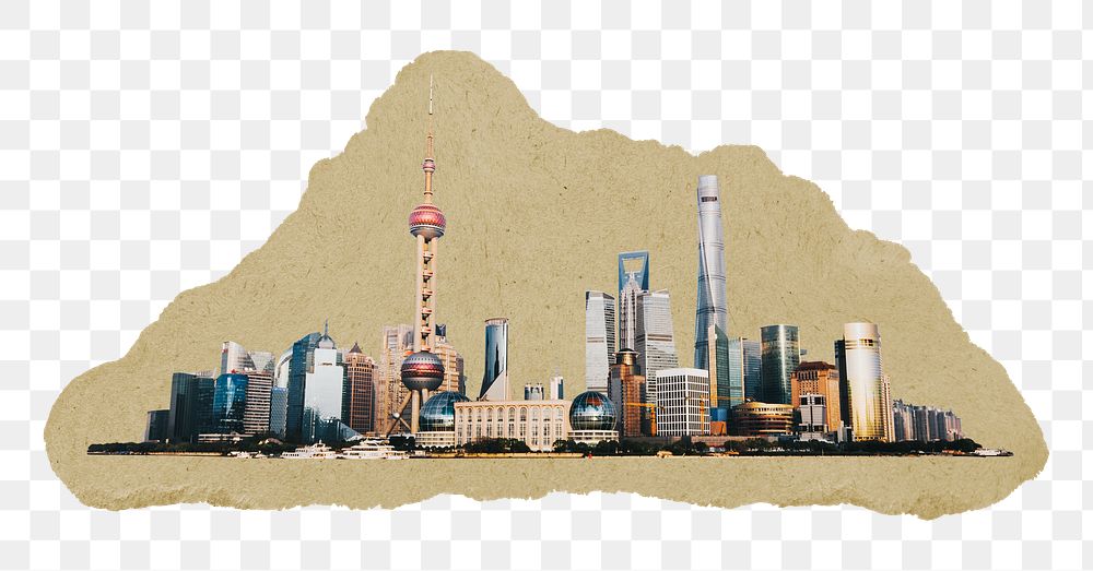 Shanghai skyline png ripped paper sticker, transparent background