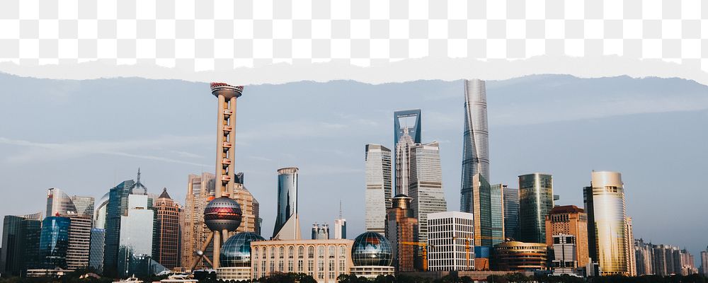 Shanghai city skyline png border, torn paper design, transparent background