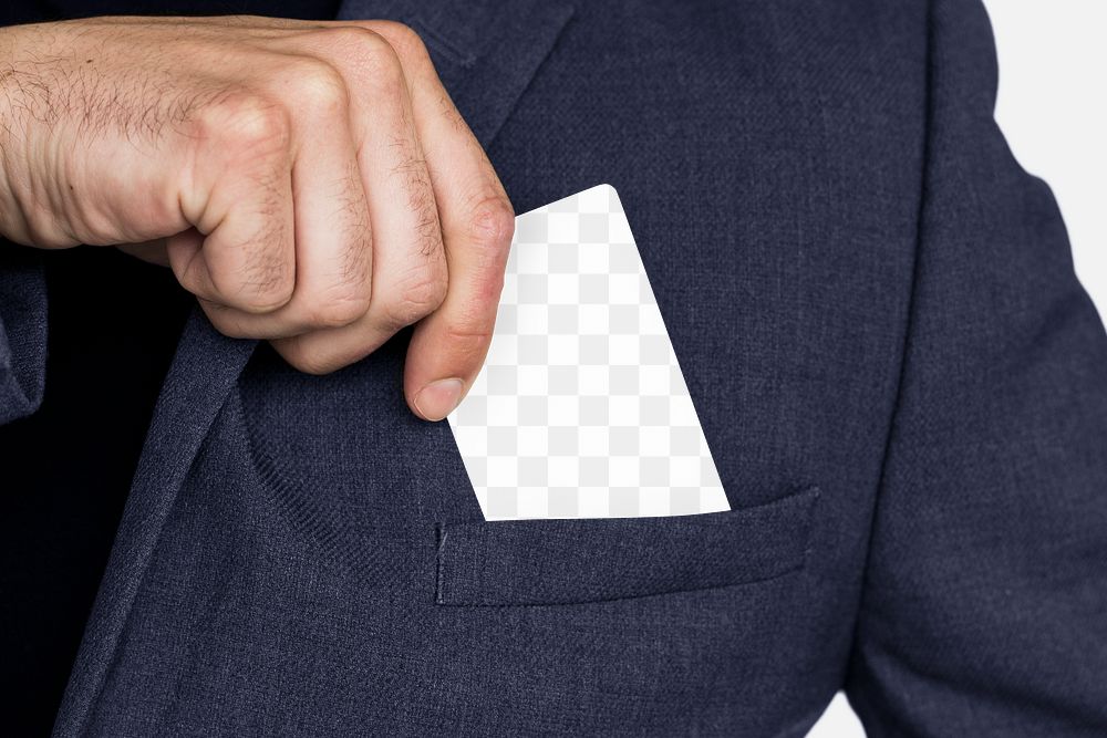Business card png mockup, transparent design in businessman's pocket