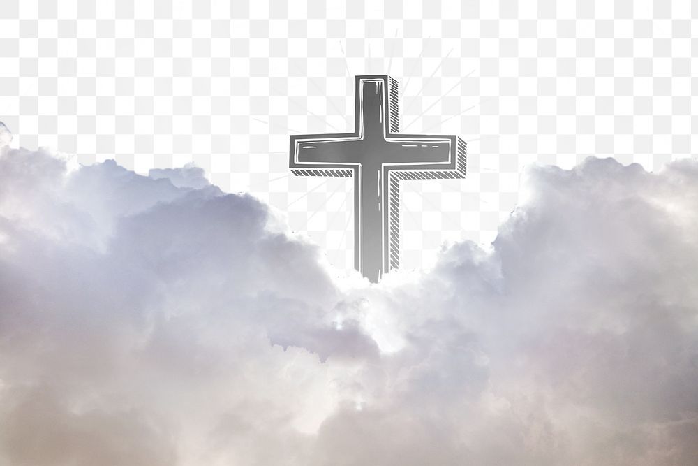Christian cross png sky, transparent background with clouds