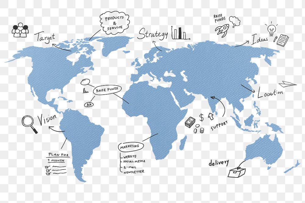 Global business png sticker, blue world map, transparent background