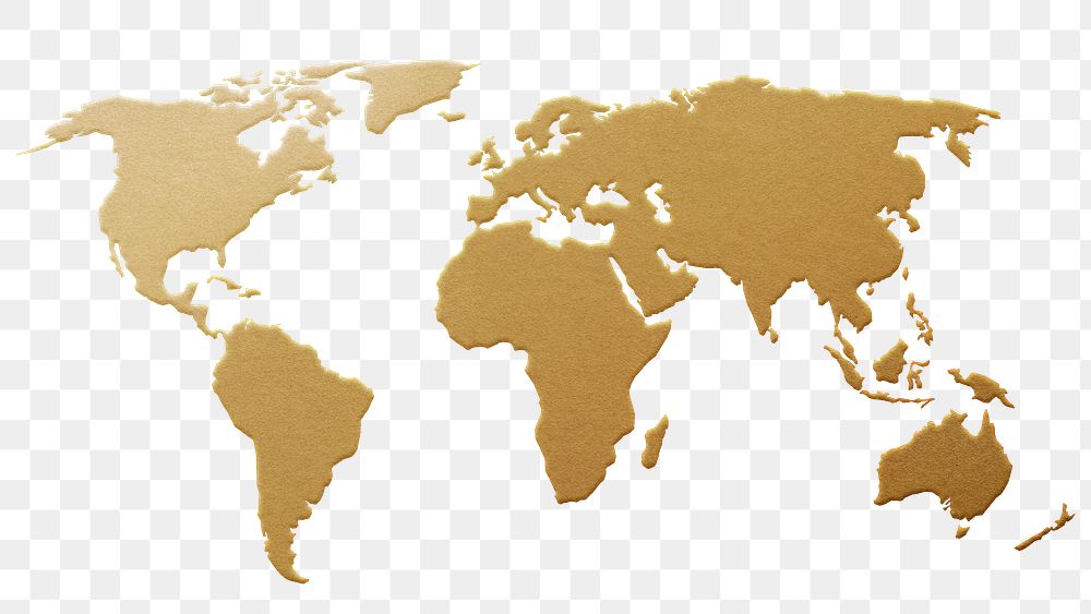 Gold world map png sticker, transparent background