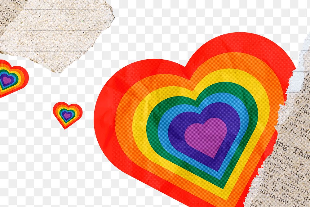 Rainbow heart png element, paper texture design, transparent background