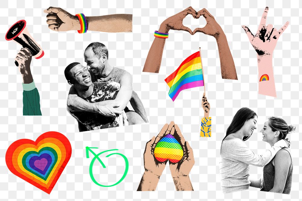 Gay pride png sticker, rainbow elements set, transparent background