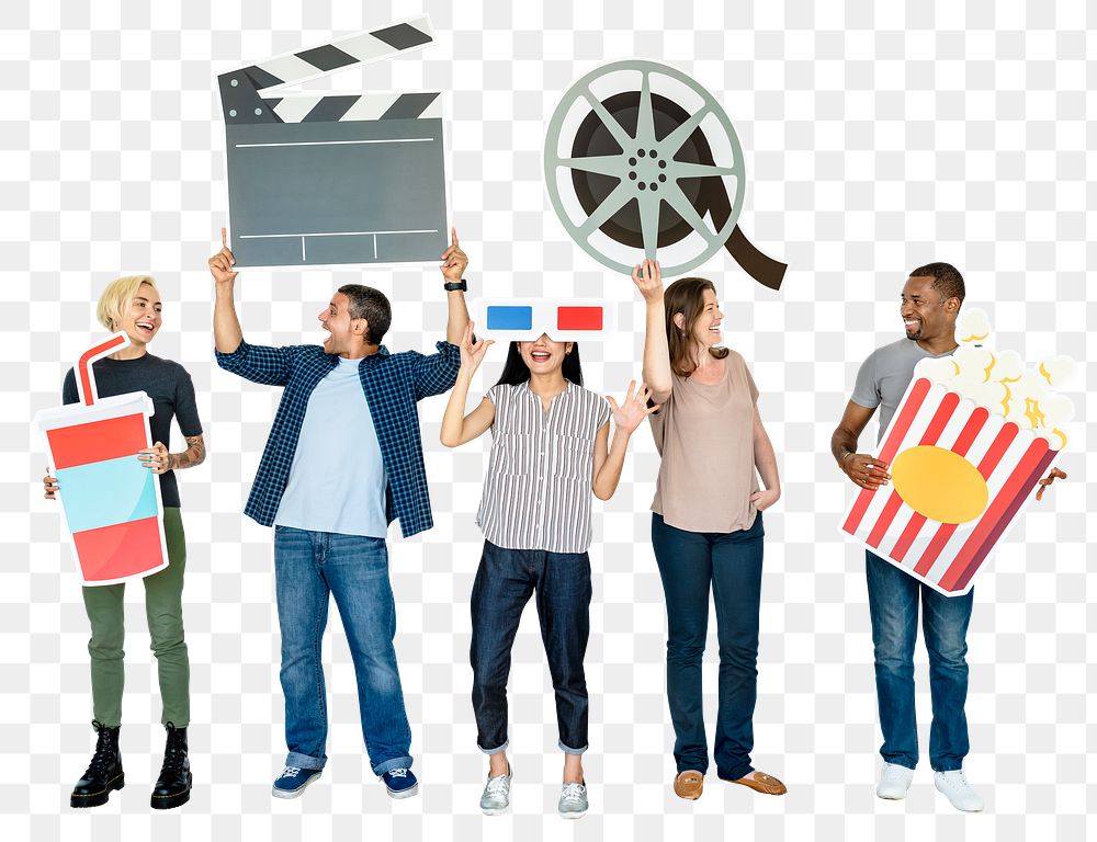 Movie theatre png sticker, diverse happy people, transparent background