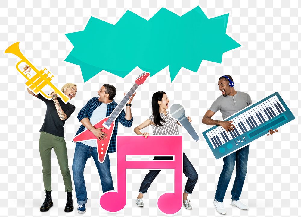 Music png sticker, diverse happy people, transparent background