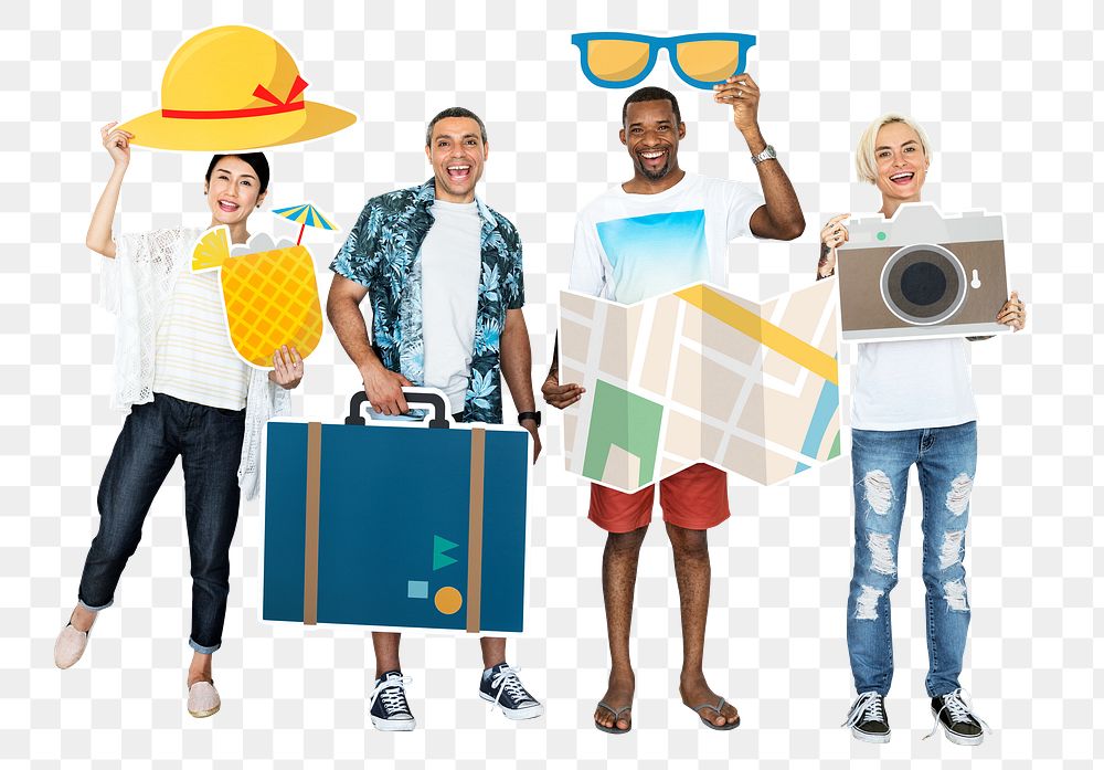 Summer travel png sticker, diverse happy people, transparent background