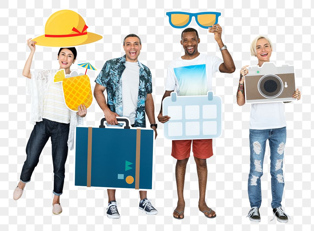 Summer vacation png sticker, diverse happy people, transparent background