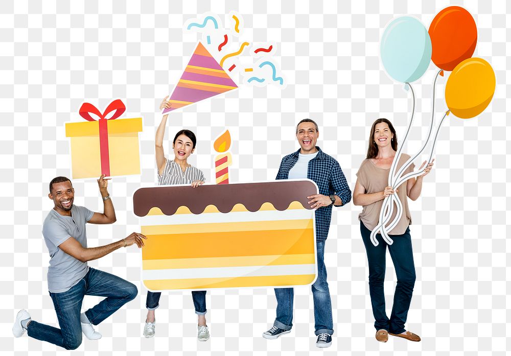 Birthday party png sticker, diverse happy people, transparent background