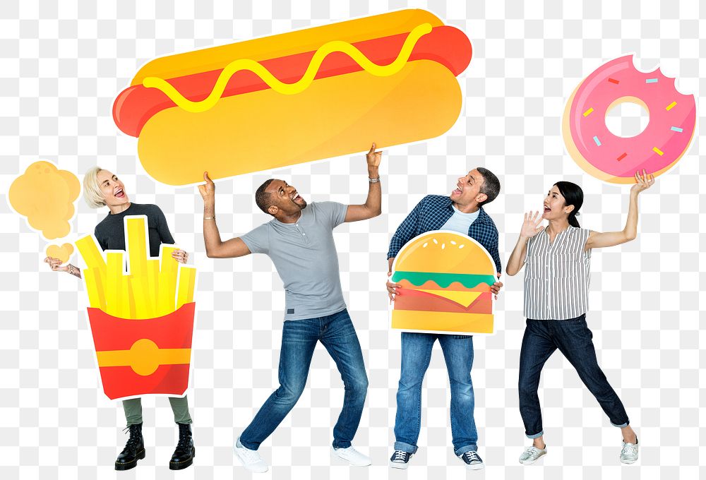 Fast food png sticker, diverse happy people, transparent background