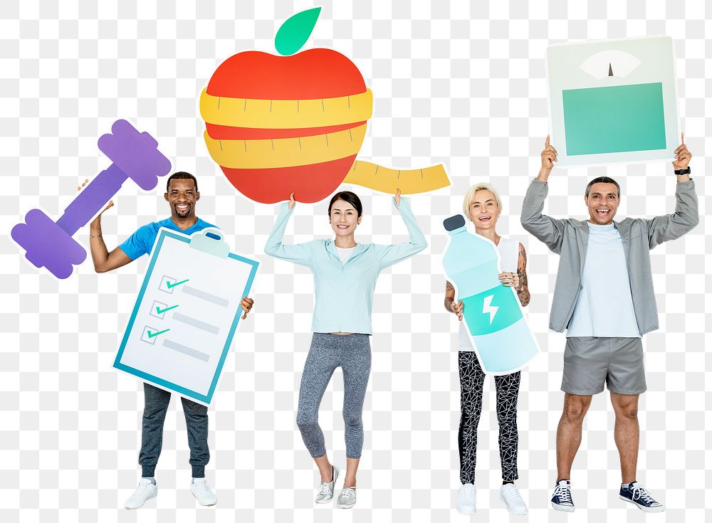 Health & exercise png sticker, diverse people holding icons, transparent background