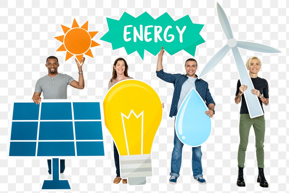 Green energy png sticker, diverse people holding icons, transparent background